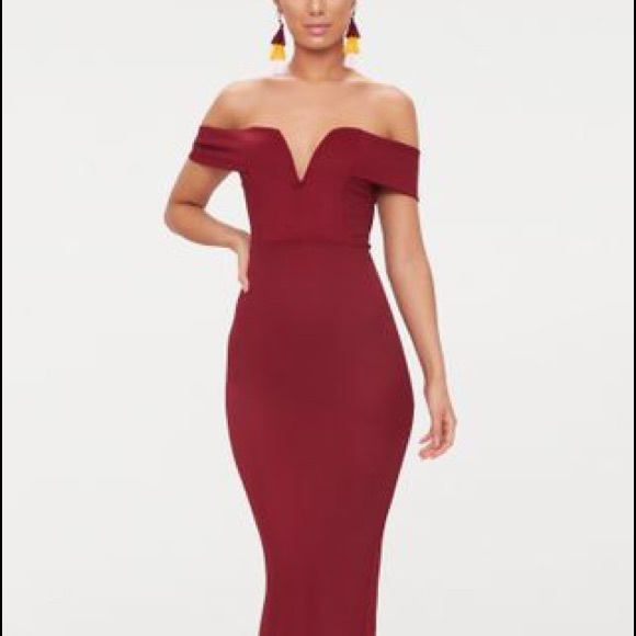 burgundy bardot bridesmaid dress